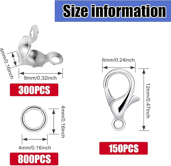 1250 Pieces Jewelry Making Accessories Set Includes 800 Pieces Open Jump Ring Connectors 300 Pieces Bead Tips Knot Covers and 150 Pieces Lobster Claw Clasps for DIY Jewelry Crafts Making (Silver)