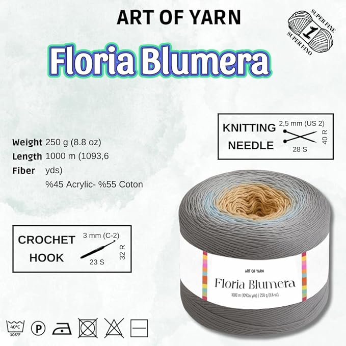 Floria Blumera Yarn 55% Cotton 45% Acrylic 1093.6 Yards Multicolor Gradient Yarn Cake for Knitting Crochet Spring Summer Ombre Rainbow Cotton Yarn for Flowers S.Fine 1 Sport-99268