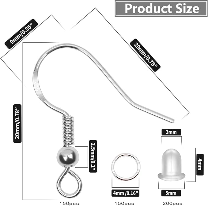 925 sterling silver plated earring hooks 150 pcs/75 pairs,ear wires fish hooks,500pcs hypoallergenic earring making kit with jump rings and clear silicone earring backs stoppers (silver)
