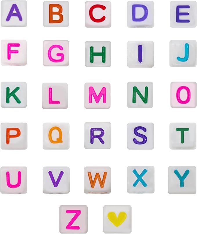 Alphabet Beads A-Z 1000Pcs Letter Beads, Acrylic 6x6mm Round Letter Beads Kits,Black Digit and Colorful Smile Bead for Bracelets Necklaces DIY Jewelry Making (Colorful Square)