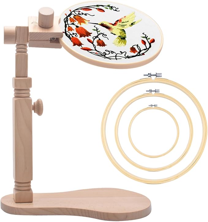 tindtop beech wood embroidery hoop stand, with 3pcs embroidery hoops (3inch + 6inch + 8inch), adjustable rotated wooden embroidery hoop holder for cross stitch and embroidery projects