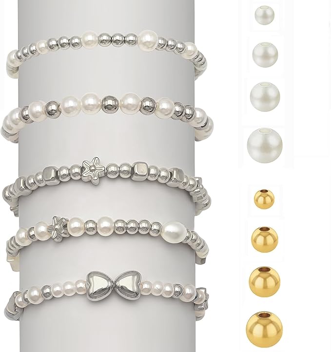 3360pcs Silver Round Beads & Pearl Beads 3/4/6/8mm 4 Size Smooth Ball Bead for Jewelry Making Metal Circle Bead for Bracelet Necklace Earring Making Supply