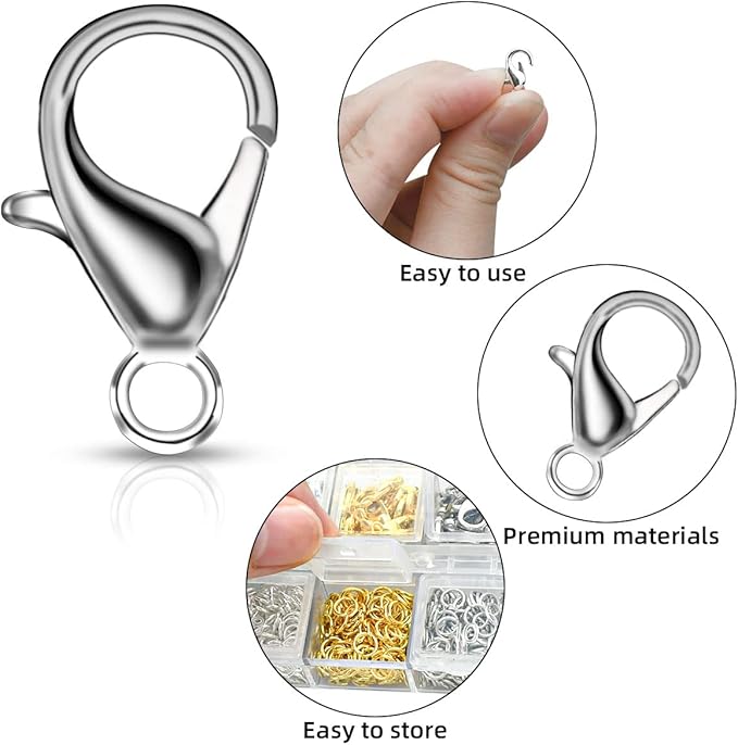Lobster Claw Clasps & Open Jump Rings for Jewelry Making - Necklace Bracelet Chain Findings Kit - Silver Gold DIY Repair Supplies (6 Colors)
