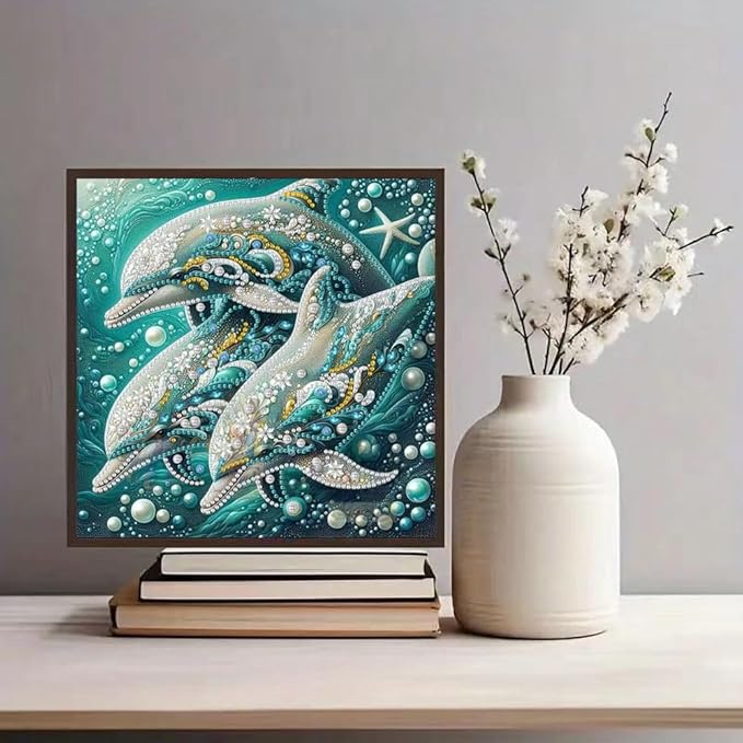 Dolphin Animal Diamond Art Kits for Adults Beginner,5D Diamond Painting Kits for Dolphin Family,DIY Special Shape Gem Painting Crystal Rhinestones Crafts Art Kits,Home Wall Decor 11.8 X 11.8Inch