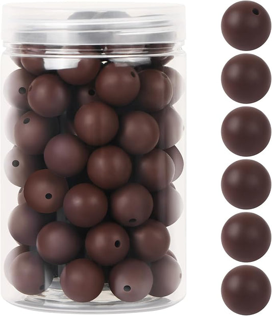 110 Pcs Silicone Focal Beads, EVERMARKET 15mm Silicone Beads for Keychain Making, Round Silicone Beads Bulk with Bottle, Rubber Loose Beads for Pens Crafts Necklace Bracelet Lanyard (Coffee)