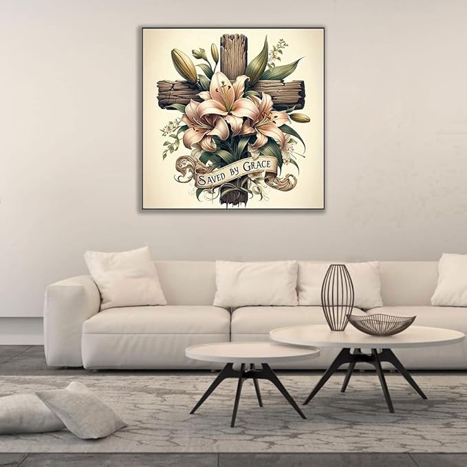 5D Cross Diamond Art Kits for Adults Beginners,DIY Full Round Drill Diamond Painting Kits Religious Cross With Lily Flowers, Paint by Diamonds Dot Gem Art Crystal Easy,Home Wall Decor 13.7X13.7Inch