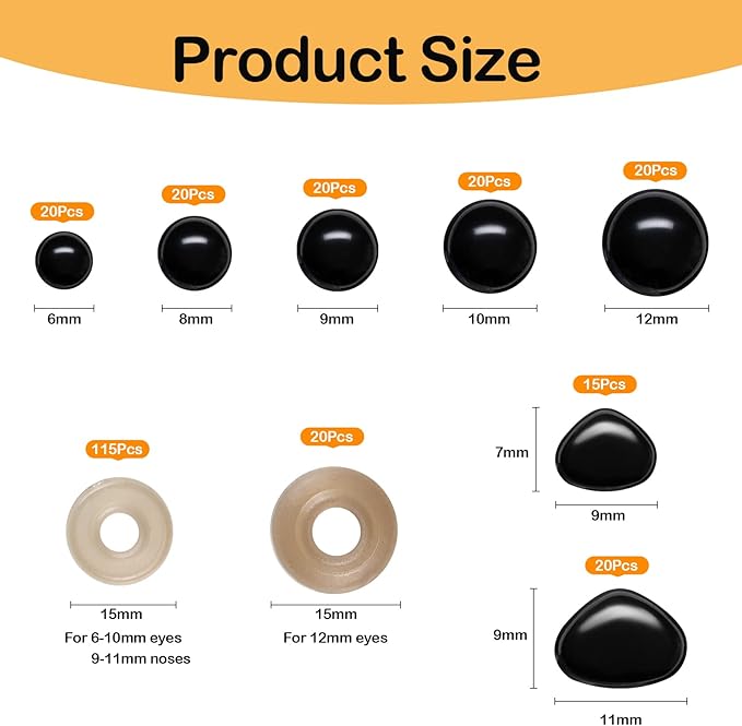 270PCS Safety Eyes and Noses, Black Plastic Eyes and Teddy Bear Nose with Washers for Doll Making for Crafts