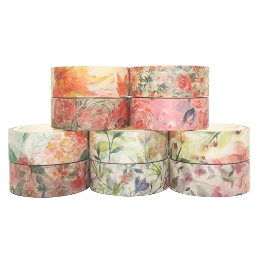 YUBBAEX 10 Rolls Spring Flowers Washi Tape Set Masking Decorative Tapes (Warm Tone)