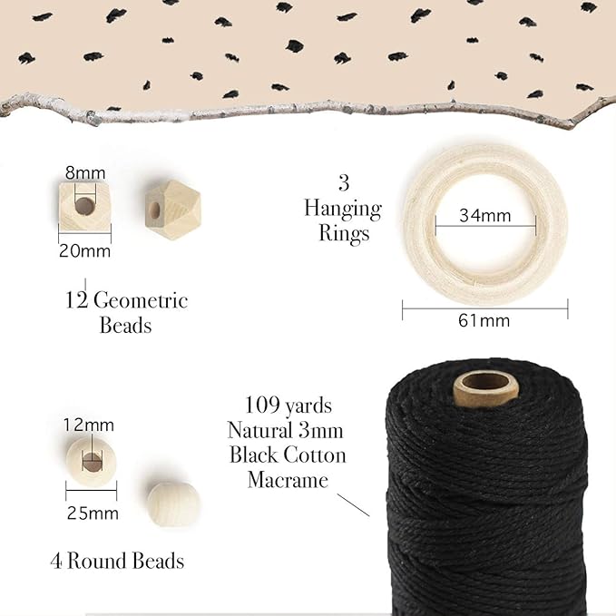 Macrame Kit-Black Edition-Makes 3 Macrame Plant Hangers with Easy to Follow Instructions for Adult Beginners - Includes 109 Yards 3mm Cotton Macrame Cord, Wooden Beads & Custom Instruction Booklet