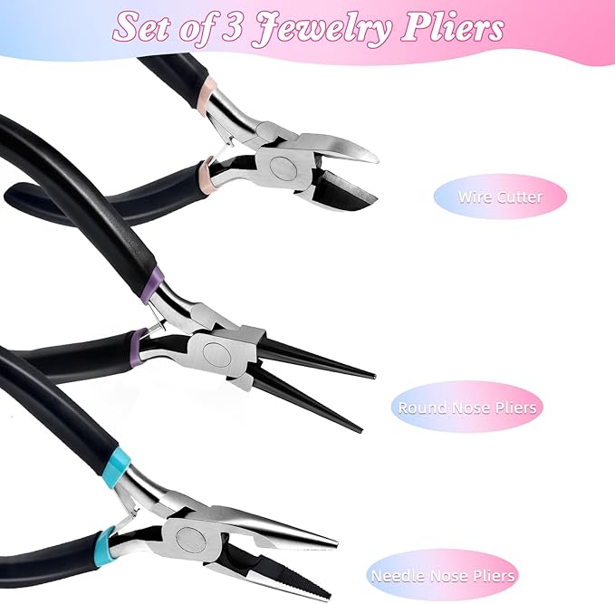 3Pcs Jewelry Pliers Set Jewelry Making Pliers Tools Kit Include Jewelry Making Needle Nose Chain Nose Round Bent Pliers Wire Cutter for Bracelet Beading Craft Jewelry Making Supplies (Black)