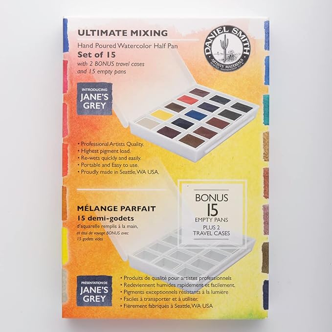 DANIEL SMITH Hand Poured Watercolor, Half Pans, Ultimate Mixing Set with 15 Watercolor Half Pans, 15 Empty Half Pans, 2 Plastic Travel Cases (total 32 pieces) 285650009