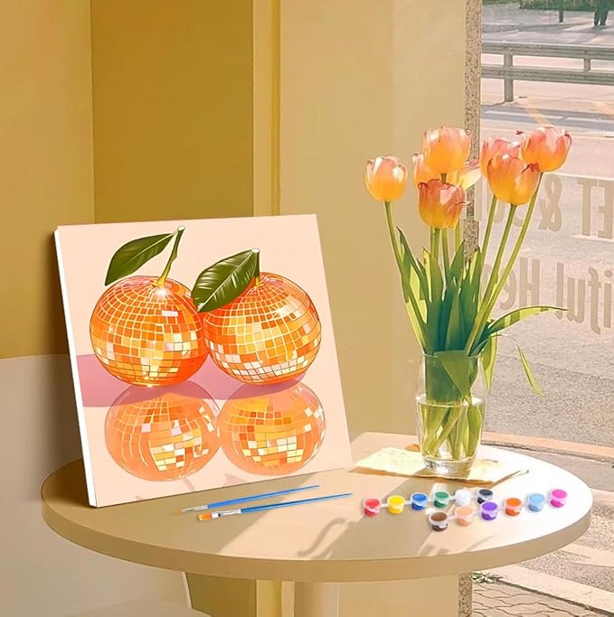 Canrichshop 4 Pack Disco Ball DIY Paint by Number Beginners,Fruit Oil Painting Adults' Paint-by-Number Kits,Acrylic Paint Kit with Frame for All Ages,Easy Paint by Numbers Kids on Canvas 8x8inch