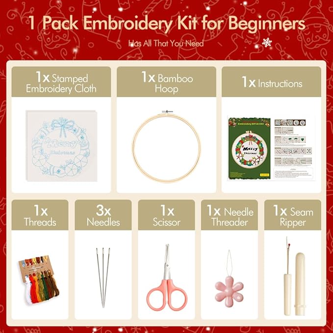 christmas embroidery kits: 1 pack cross stitch kit for beginners adults, diy ornaments craft kit with all tools & instructions, stamped hand embroidery starter kit for holiday crafts & xmas home decor