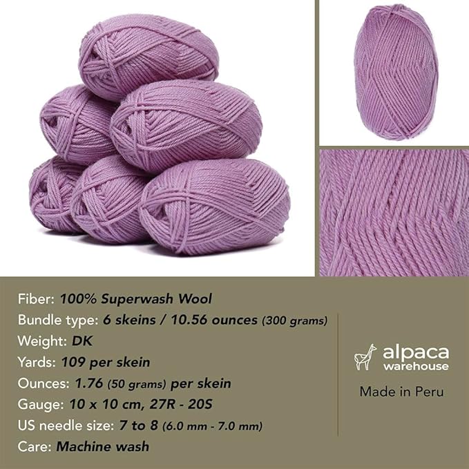 Alpaca Warehouse 100% Pure Wool Yarn Superwash Set of 3 Skeins (300 Grams) DK Weight - Sourced Directly from Peru - Heavenly Soft and Perfect for Knitting and Crocheting (Dream Lilac - 6 Skeins)