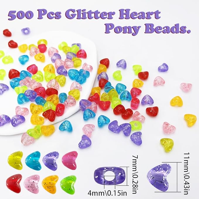 MIIIM 500 Pcs Glitter Heart Pony Beads Shapes for Friendship Bracelet, Large Hole Kandi Beads for Hair Braids, Jewelry Making (Multi-Glitter)