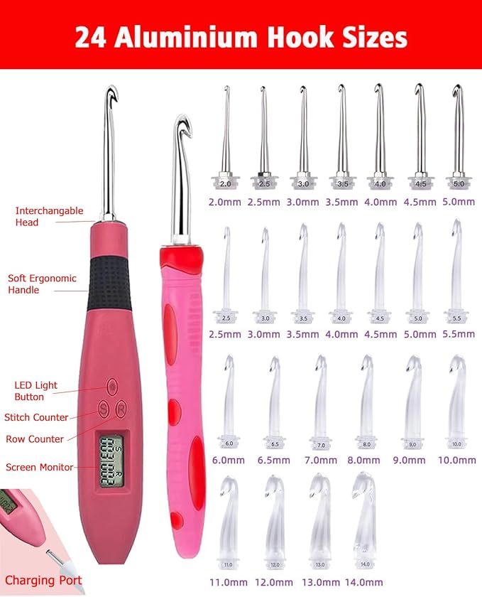 Light Up Crochet Hooks Set-Crochet Hooks Set Digital with 24 Interchangeable Crochet Kit,Lighted Crochet Hooks with 2 Levels Led,Beginner Knitting Kit for Stitch & Row Counter