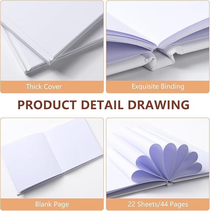 zmybcpack 6 pack white hardcover blank book 6x8 inch, hardcover blank book for students to write stories, draw sketch journal（white，22 sheets/ 44 pages each）