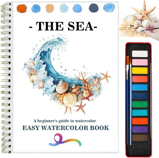 Watercolor Workbooks Coloring Book Beginner Friendly Painting Kit Easy Nature Scenes Paint Set Art Crafts for Creative Exploration Gift for Adults (Seaside, with Palette)