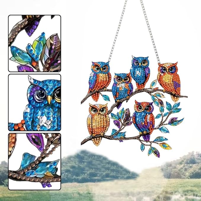 STGLCR Diamond Art Hanging Kit for Adult, Owl on Tree Painting Hanging Ornament Kit, Special Shaped Rhinestone,DIY Acrylic 5D Bird Diamond Art Window Pendants Home Garden Wall Kits Hanging Animal