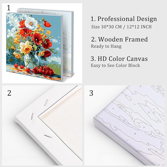Natuyalo Framed Paint by Number Kits for Adults Beginners, Flowers in Vase Easy Acrylic Adult Paint by Number Kits, Cherry DIY Painting by Numbers Kits with Frame Ideal Gift 12x12 Inch