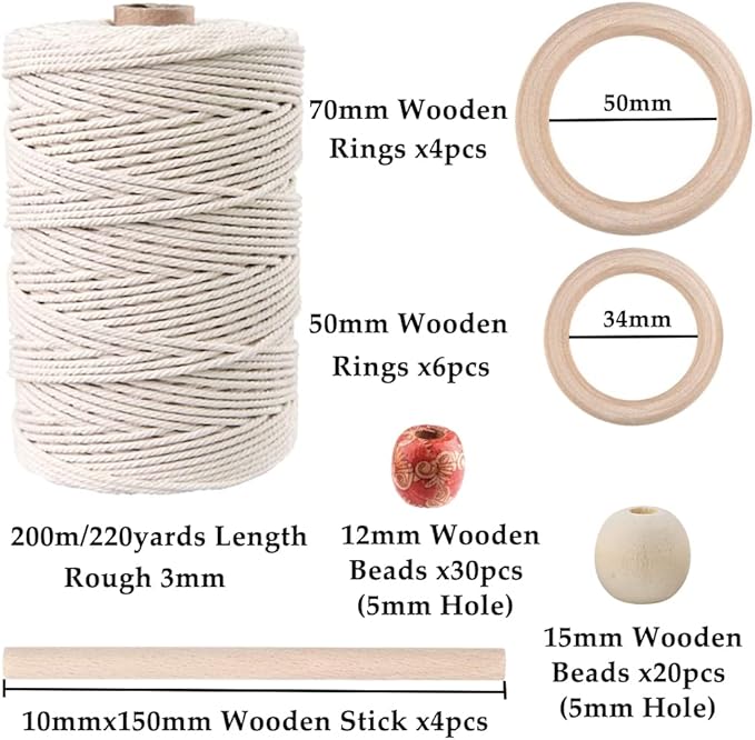 zxcdino 87pcs macrame kits for beginners 3mm x 220yards natural cotton macrame cord wall hanging kit, macrame supplies best for macrame plant hanger with wooden beads,wooden rings