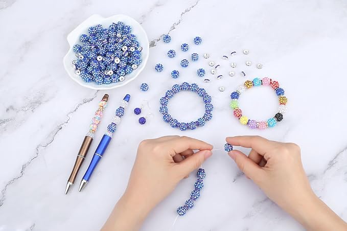 LAIDANLA 250pcs 12mm Dark Blue Rhinestone Beads and 8mm Rondelle Spacer Beads for Beadable Pens, Sparkly Shamballa Disco Baseball Bead for Bracelets Necklaces Earring DIY Craft