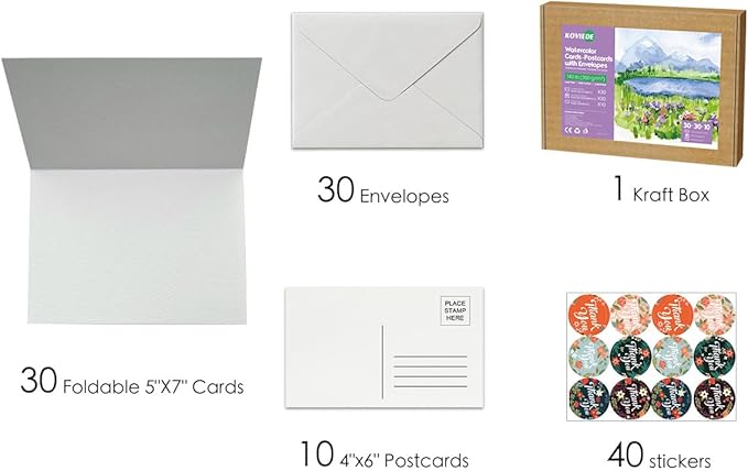 30 Pack Blank Foldable Watercolor Cards with Envelopes 5"x7", 10 Sheets Watercolor Postcards, 140lb/300gsm Heavyweight 100% Cotton Cards for Painting, Greeting, Birthday Valentine