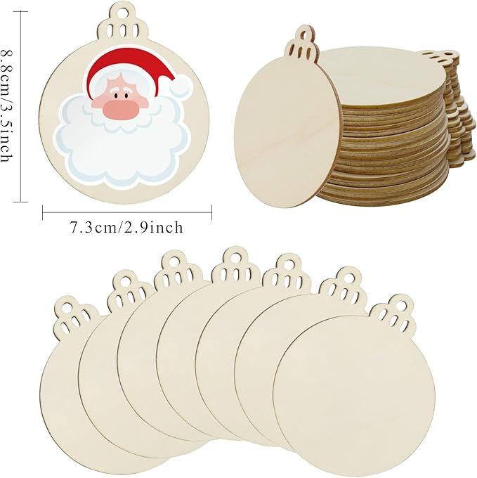 Hidreas 40 Pcs Unfinished Wood Ornaments DIY Round Wooden Ornaments Christmas Crafts Kit, Round Wood Christmas Ornaments for Crafts and Christmas Holiday Hanging Decorations