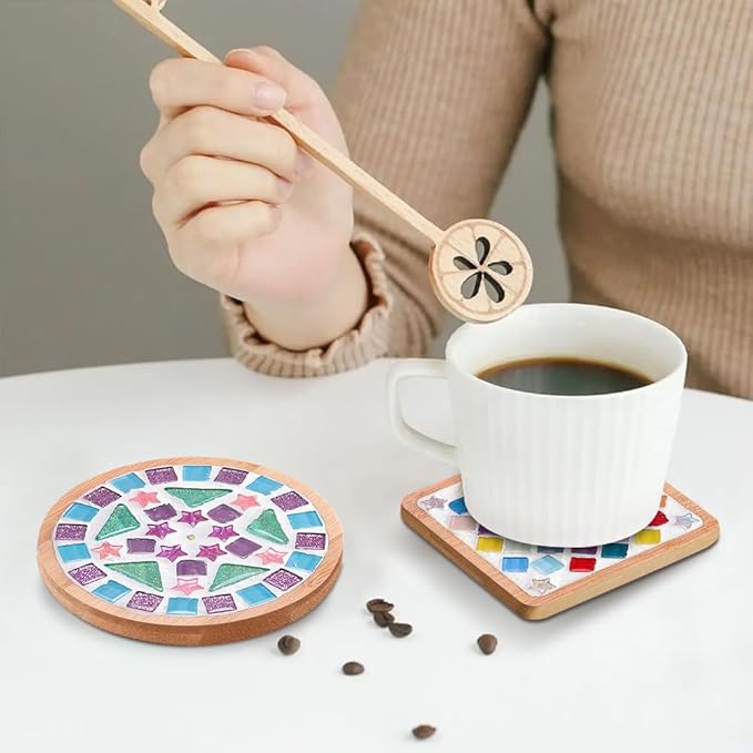 Adboros 8 Sets DIY Glass Mosaic Tiles for Crafts Mixed Color Mosaic Kits with Wooden Coaster for Adults Bamboo Coaster for Drinks Tray Handmade Home Decoration