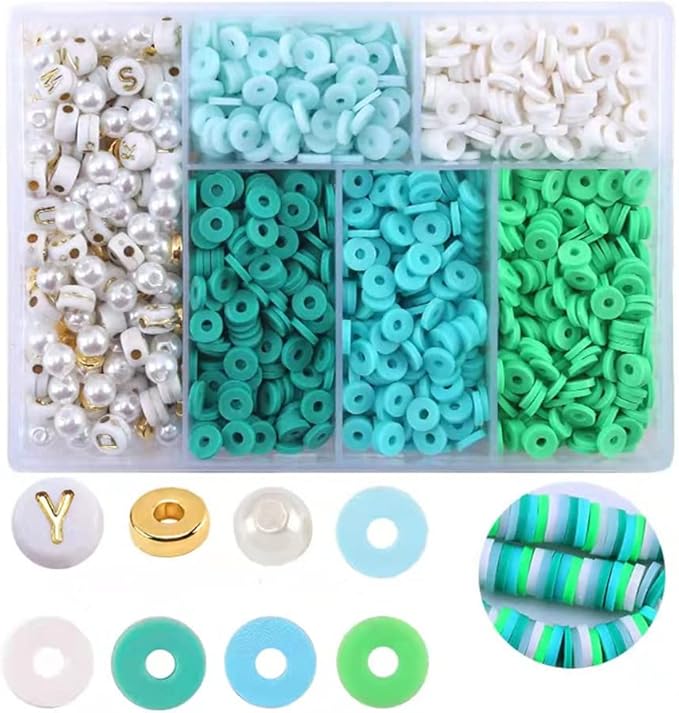 1750pcs Heishi Vinyl Beads Flat Round Polymer Clay Spacer Beads for Making Bracelet Necklace Earring Accessories DIY Handmade Craft(Green Mixed, 6mm)