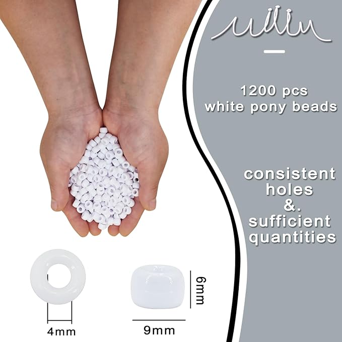 MIIIM 1200PCS 6x9mm Pony Beads Bulk, White Pony Beads for Bracelets Making Kit, Kandi, Hair Braids Crafts for Jewelry Making (White)