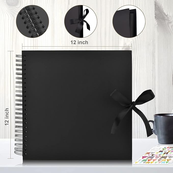 GOTIDEAL 12 x 12 Inch Scrapbook Album with 10 Metallic Markers,80 Pages Craft Paper Photo Album for Wedding and Anniversary, Family DIY Photo Album with Scrapbooking Stickers Corners(Black)
