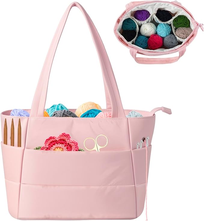 Crochet Bag for Yarn Storage, Puffer Knitting Bag with Soft Handles, Lightweight Yarn Storage Organizer with Zipper for Crochet Accessories, Gifts for Crocheters (Pink)