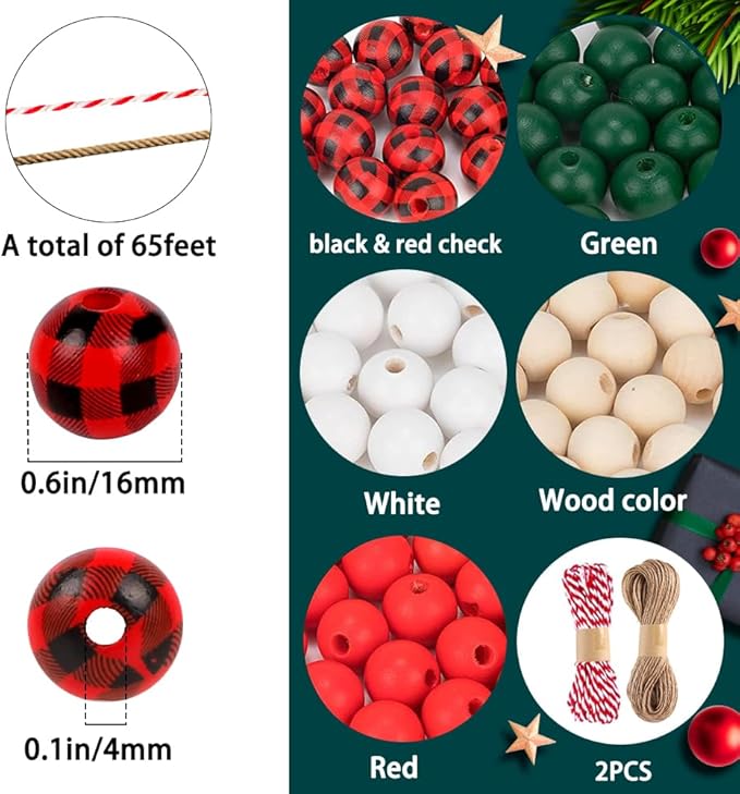 YUJUN GRACCEE 200pcs Christmas Wooden Beads Xmas Red Buffalo Plaid Polished Craft Natural Round Wood Beads for Christmas Party DIY Indoor Decoration.