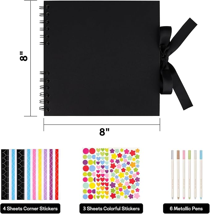 8 x 8 Inch Small Black Scrapbook Album, 40 Pages Photo Album with Black Pages, Kraft Paper Hardcover Memory Book with DIY Accessories Kit for Mother's Day Wedding Travel
