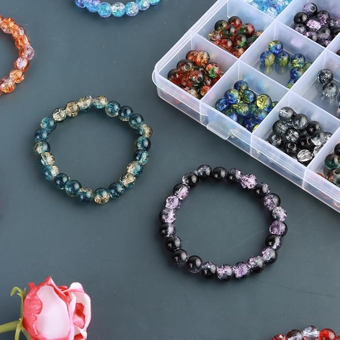 C MY 600pcs 8mm Crackle Glass Beads for Bracelet Jewelry Making Kit with 1 Roll Crystal Elastic Cord, 12 Colors Crystal Glass Beads for DIY Craft Friendship Ankle Necklace Earring Jewelry Making