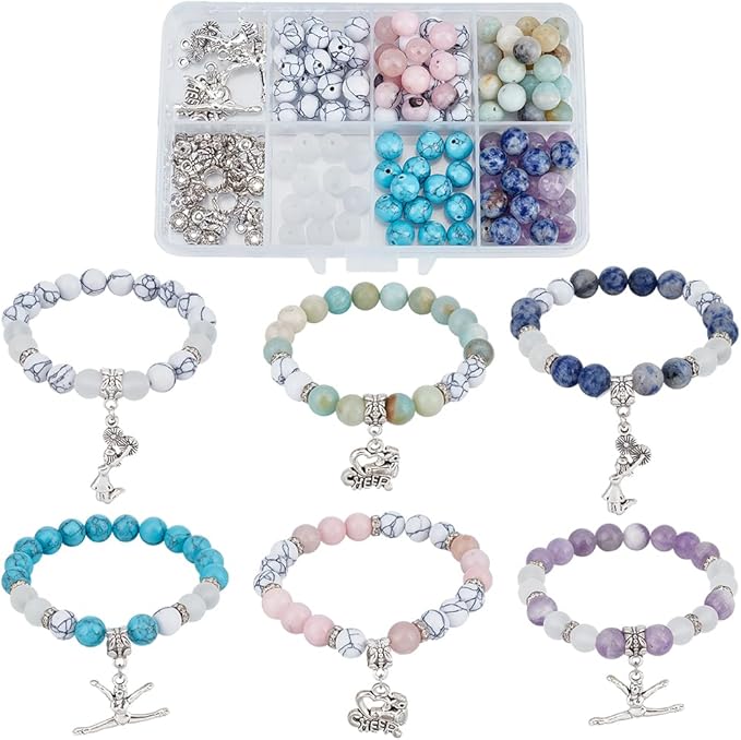 SUNNYCLUE 1 Box About 183Pcs 6 Sets Cheer Bracelet Making Kit Stone Bead Bracelet Kits 8mm Gemstone Crystal Silver Sports Cheerleading Charms Beads for Jewelry Making Set Women Starter Beginners