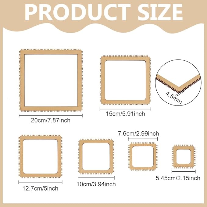 BENECREAT 6 Sizes Poplar Wood Weaving Loom Kit, Square DIY Weaving Loom DIY Weaving Art Tapestry Loom for Hanging Decor Woven Tapestry Knitted Crafts Making, 4.5mm Thick