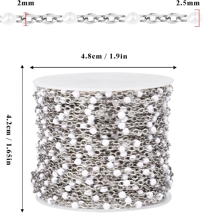 33 Feet Stainless Steel Enamel Chains Bulk, 2mm 304 Stainless Steel White Enamel Beaded Cable Link Chain Roll Spool for Jewelry Making
