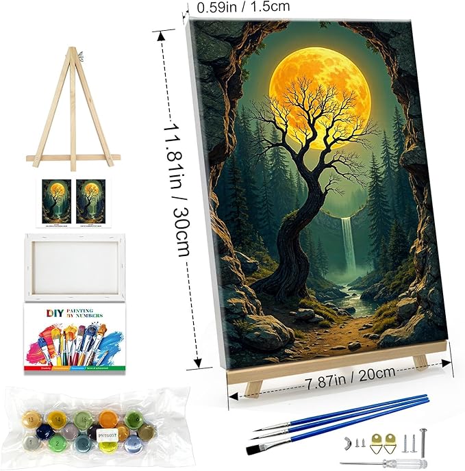 JOOZ Paint by Numbers Kit for Adults with Frame Moon Paint by Number with Easel Tree Adult Paint by Number Kits Framed Canvas Mountain Waterfall Oil Painting Kits for Gift Home Wall Decor 8x12 Inch