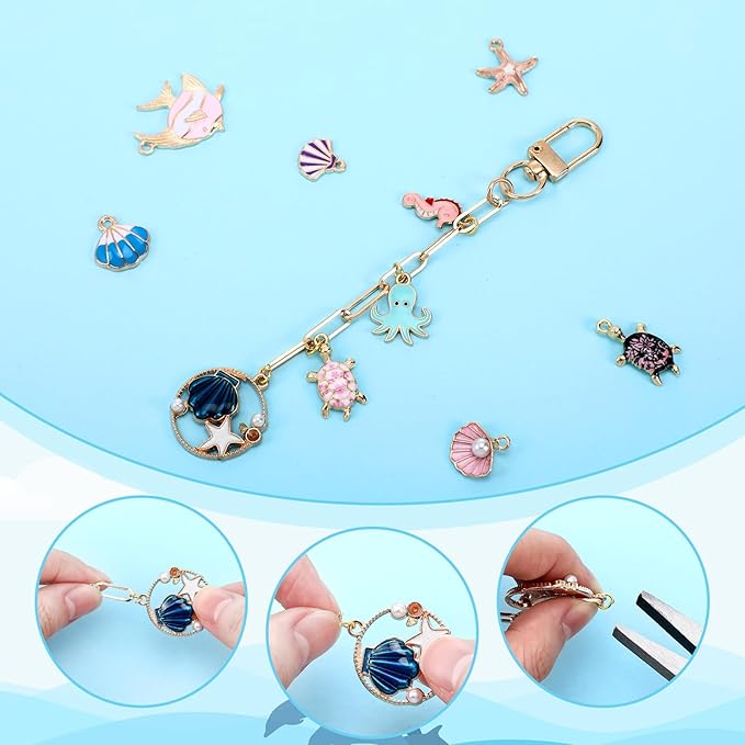 Tondiamo 266 Pieces Ocean Keychain Making Kit Seashell Summer Beach DIY Charm Jewelry Chain Making Crafts with 120 Charms 20 Keychain Clip 120 Jump Rings 25 Extender Chain Plier for Women Gift