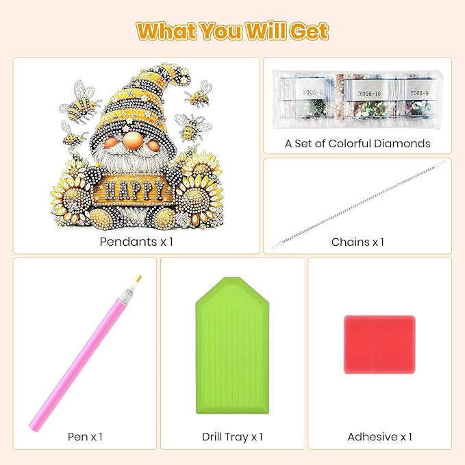 MOGTAA Gnomes Diamond Art Hanging Pendant Kits, 5D Special Shape Diamond Art Kits for Adults, Crystal Rhinestones Sunflowers Diamond Painting Bee Gem Art for Home Garden Wall Decor
