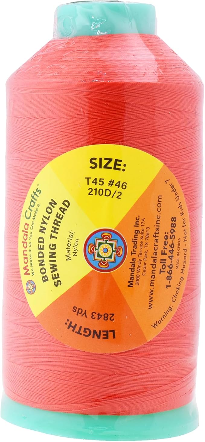 Mandala Crafts Size 46 210D T45 Bonded Nylon Thread - Coral 2843 YDs Tex 45 Heavy Duty Sewing Threads for Leather, Jeans, Weaving, Outdoor Marine Upholstery