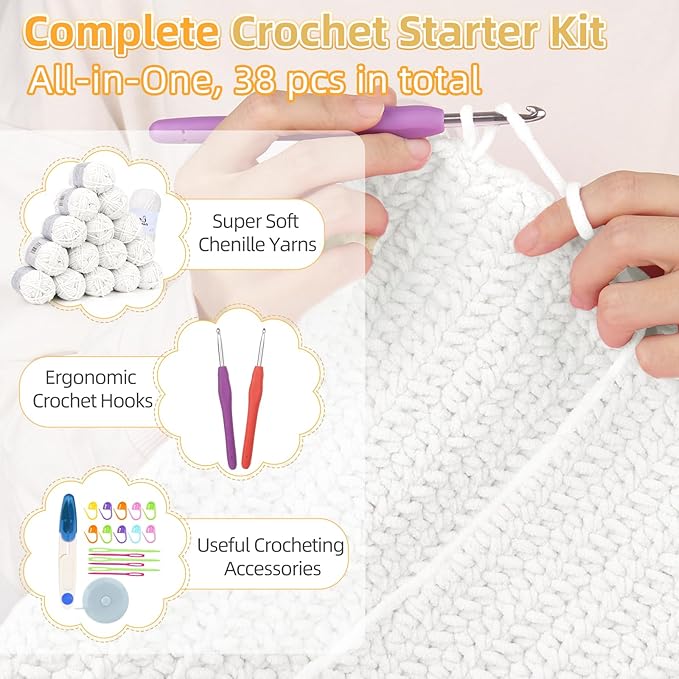 Aeelike Blanket Crochet Kit for Beginners, Easy Crochet Blanket Kit with Soft Chenille Yarns Detailed Instruction Crocheting Accessories Complete Beginners Crocheting Kits, Pure White
