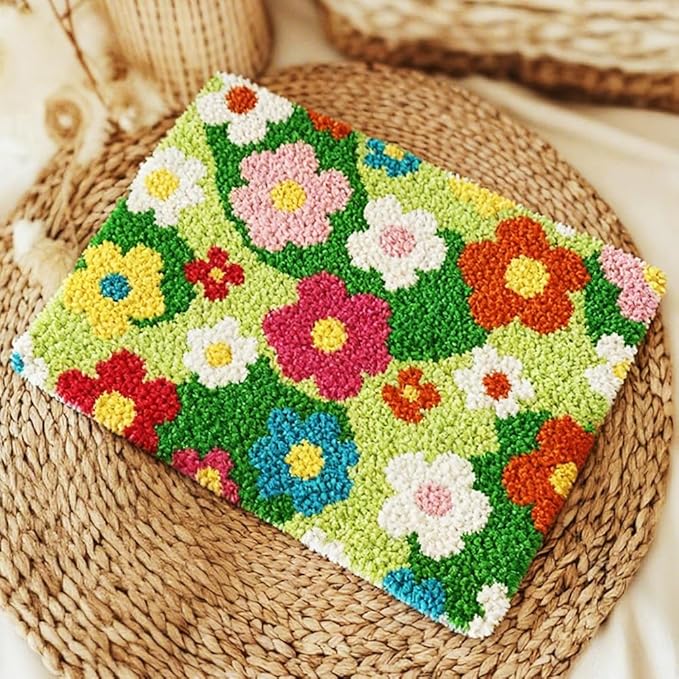 ORIGACH Grassland & Flowers Latch Hook Rug Kit for Adults Printed Rug Making Kit Handmade Carpet Tapestry Cover with Hook Latch and Preprinted Canvas, Home Arts Crafts Sofa Decor, 20.5x15inch
