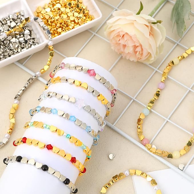 Augshy 700Pcs Silver Gold Heart Beads, Heart Spacer Beads for Bracelets Jewelry Bracelet Making Birthday Party Necklace Friendship DIY Crafts