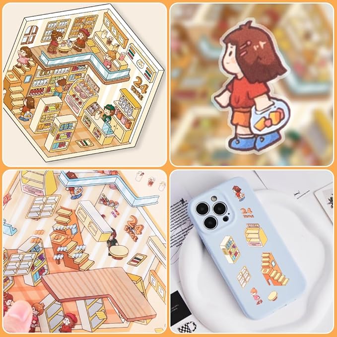 qianshan Scrapbooking Supplies Kit,DIY 3D Stickers Scene,3 Set Funny DIY Sticker Scenes,Make Your Own Cute 3D Miniature Room Scene Stickers for Adults Relief Stress Pass The Time.8-9-10