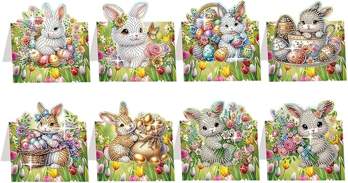 8 Pack 5D DIY Diamond Painting Greeting Card Kit, Diamond Art Greeting Card, Art Crafts Kit Creative Gift with Envelope (Easter Bunny B)