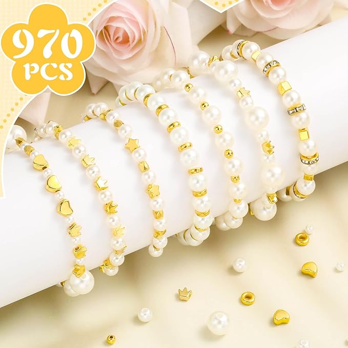 Audab Pearl Beads for Bracelet Making, 970 Pieces Pearl and Gold Spacer Beads for Jewelry Making