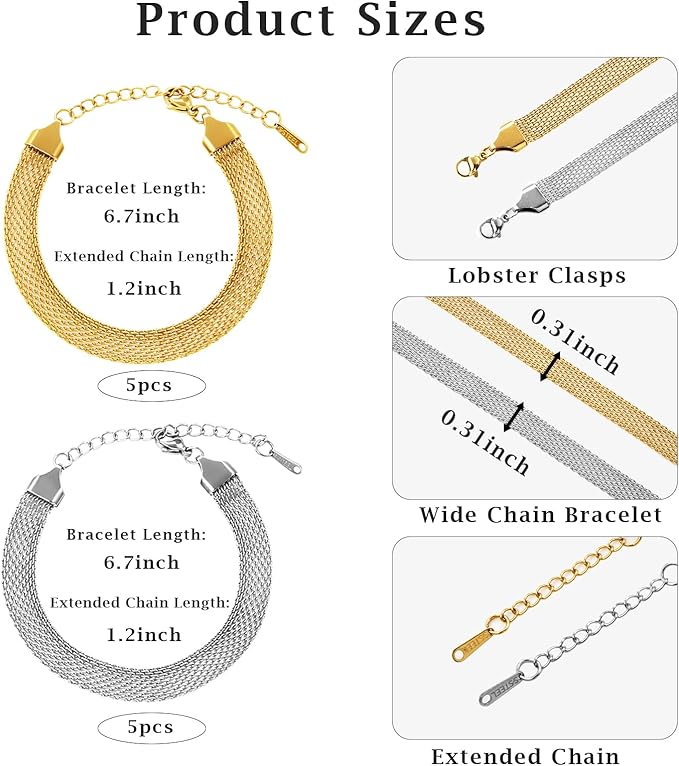 6.7 Inches Stainless Steel Charm Bracelet Chain Link on Bulk 10pcs 8MM Wide Chain Bracelet Set for Women DIY Crafts Jewelry Making Supplies